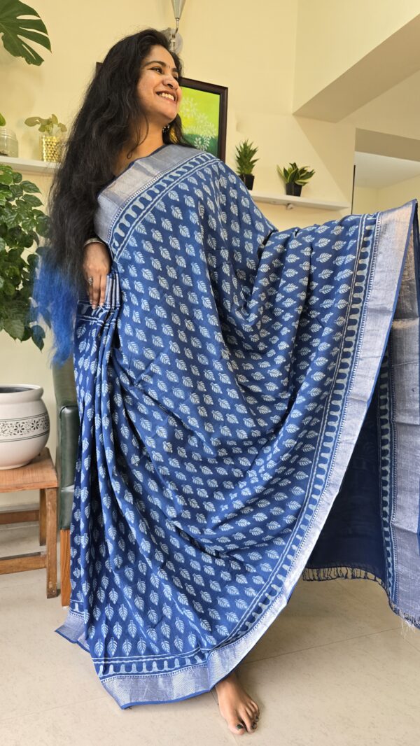 Indigo Bagru Handblock printed Cotton Saree