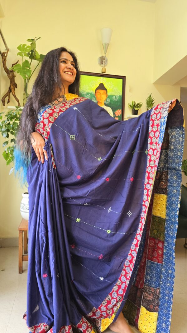 Blue Cotton Ajrakh Patch Work Saree