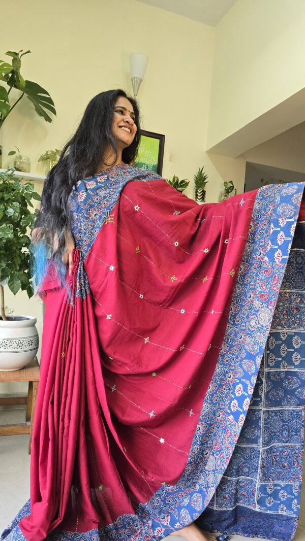 Red Cotton Ajrakh Patch Work Saree