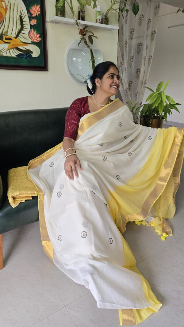 Cream Mul mul saree with hand block prints