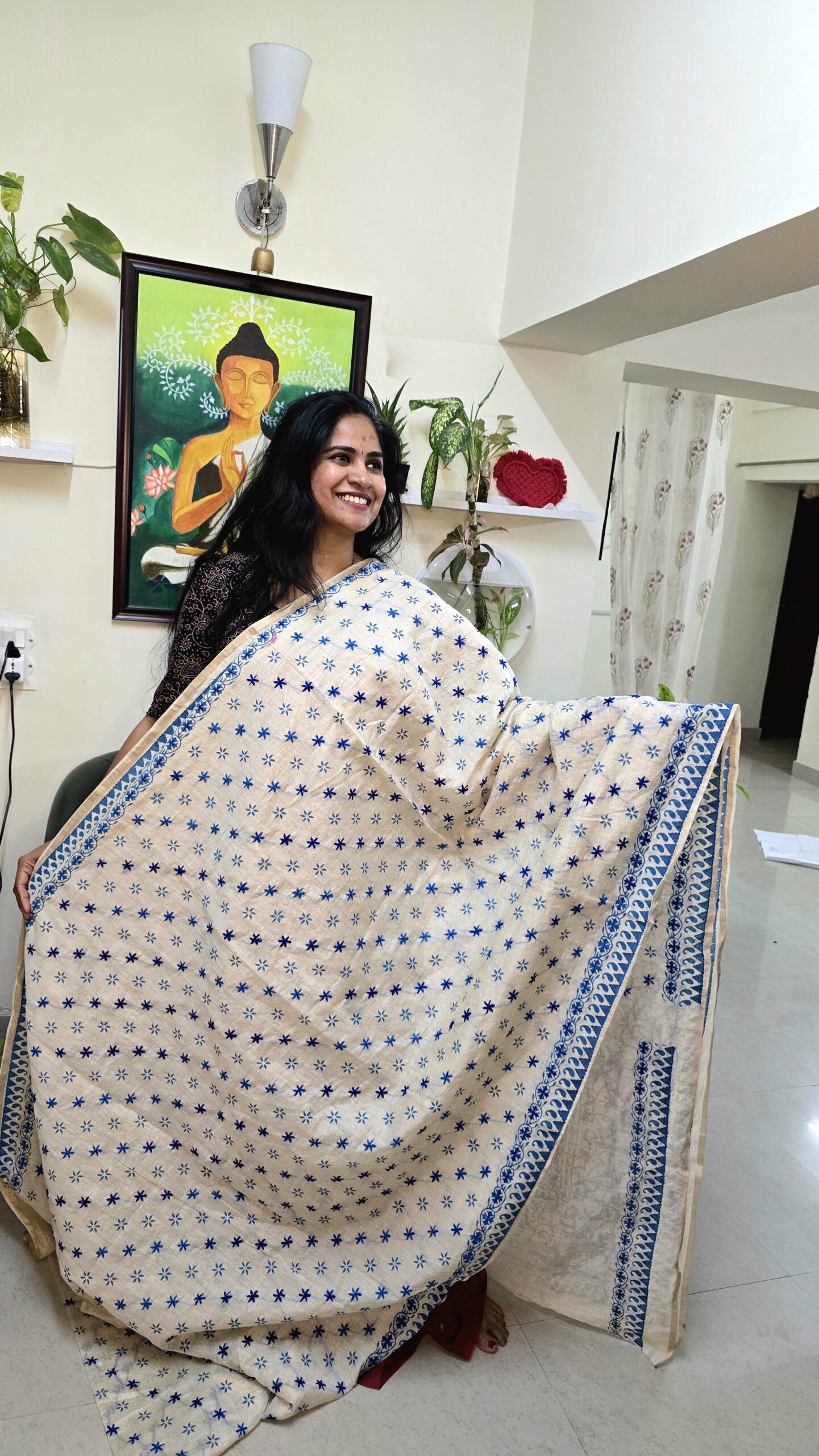 Cream printed Saree with Kanta hand work