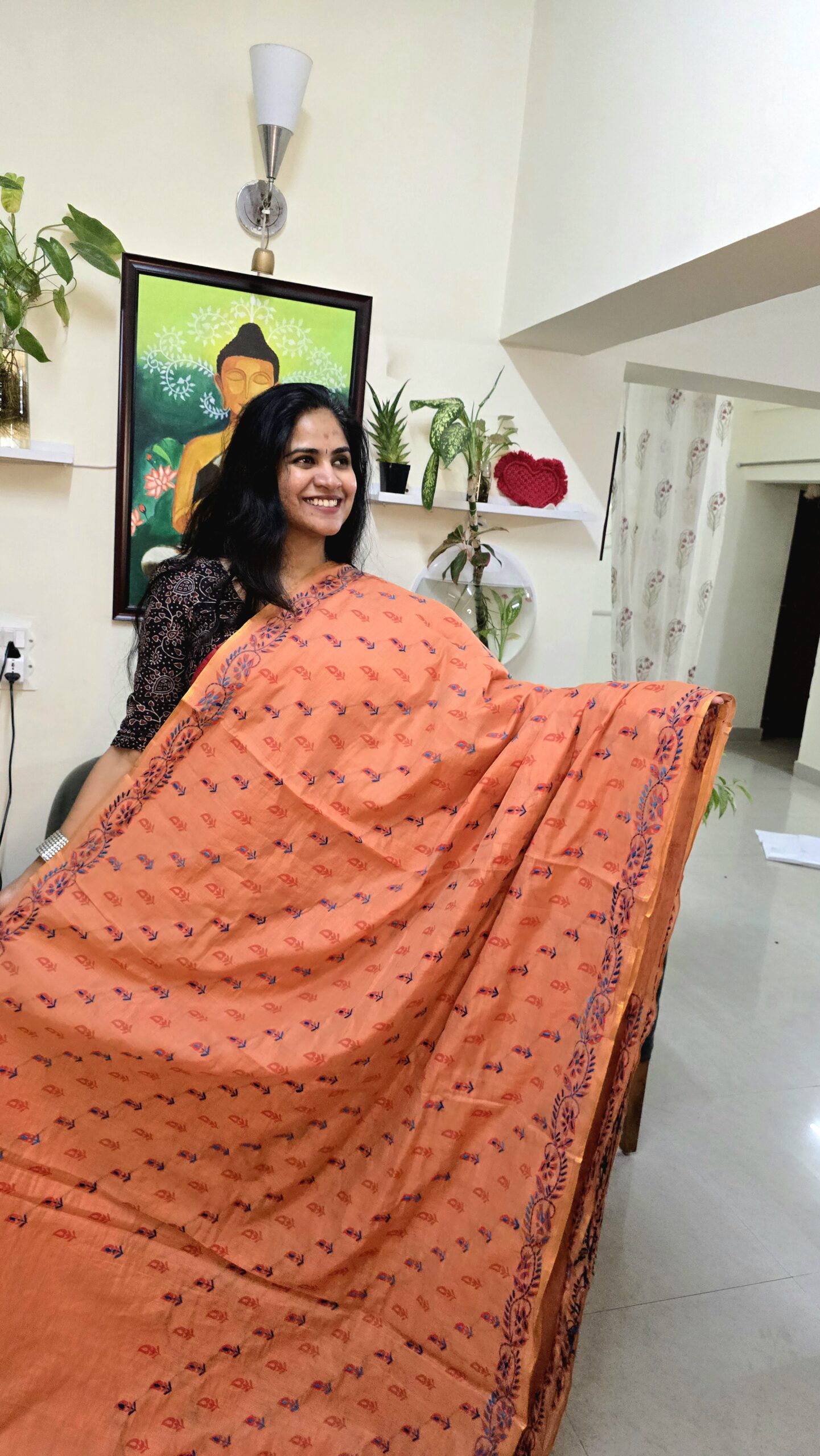 Orange printed Saree with Kanta hand work
