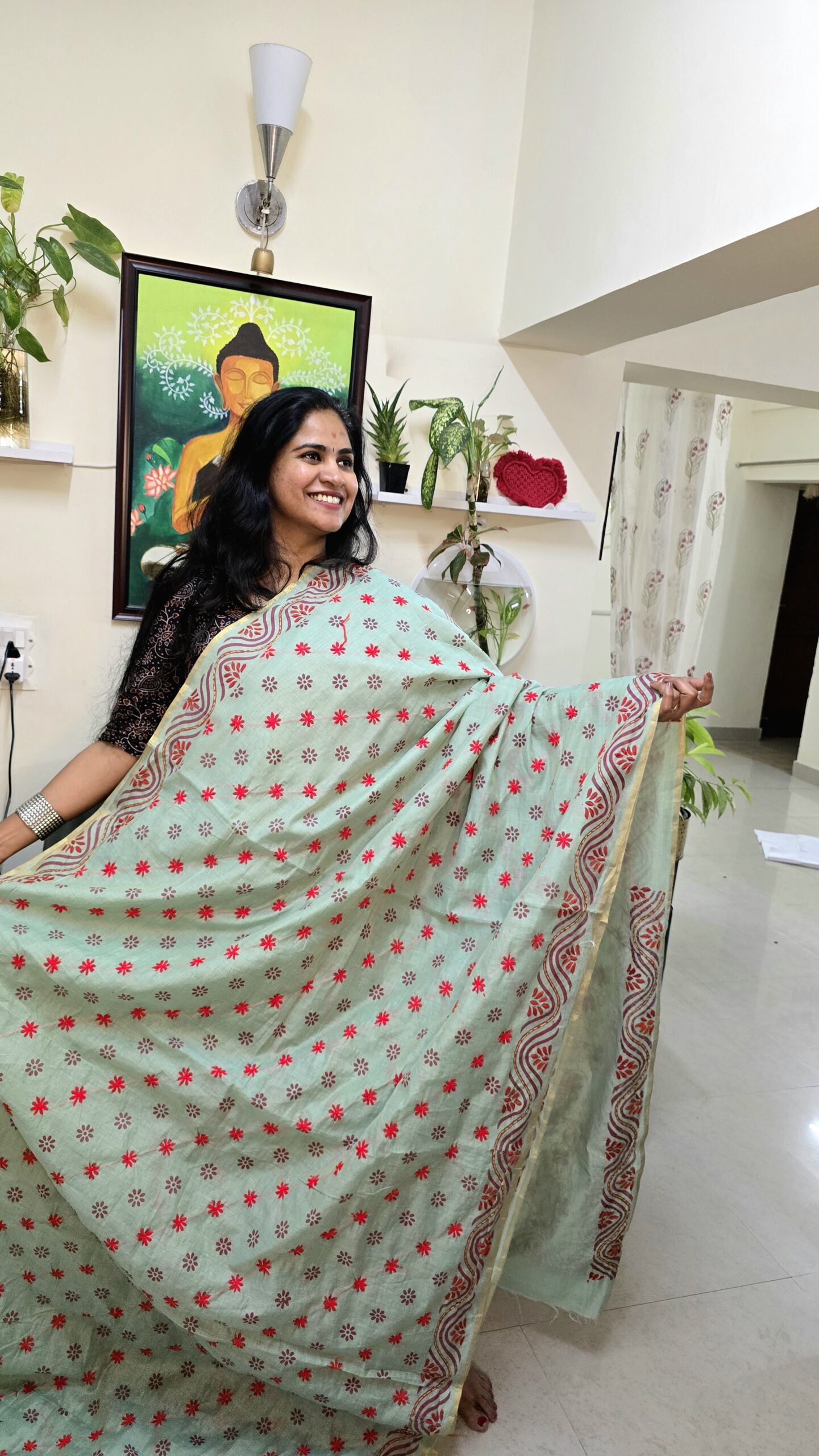 Aqua printed Saree with Kanta hand work