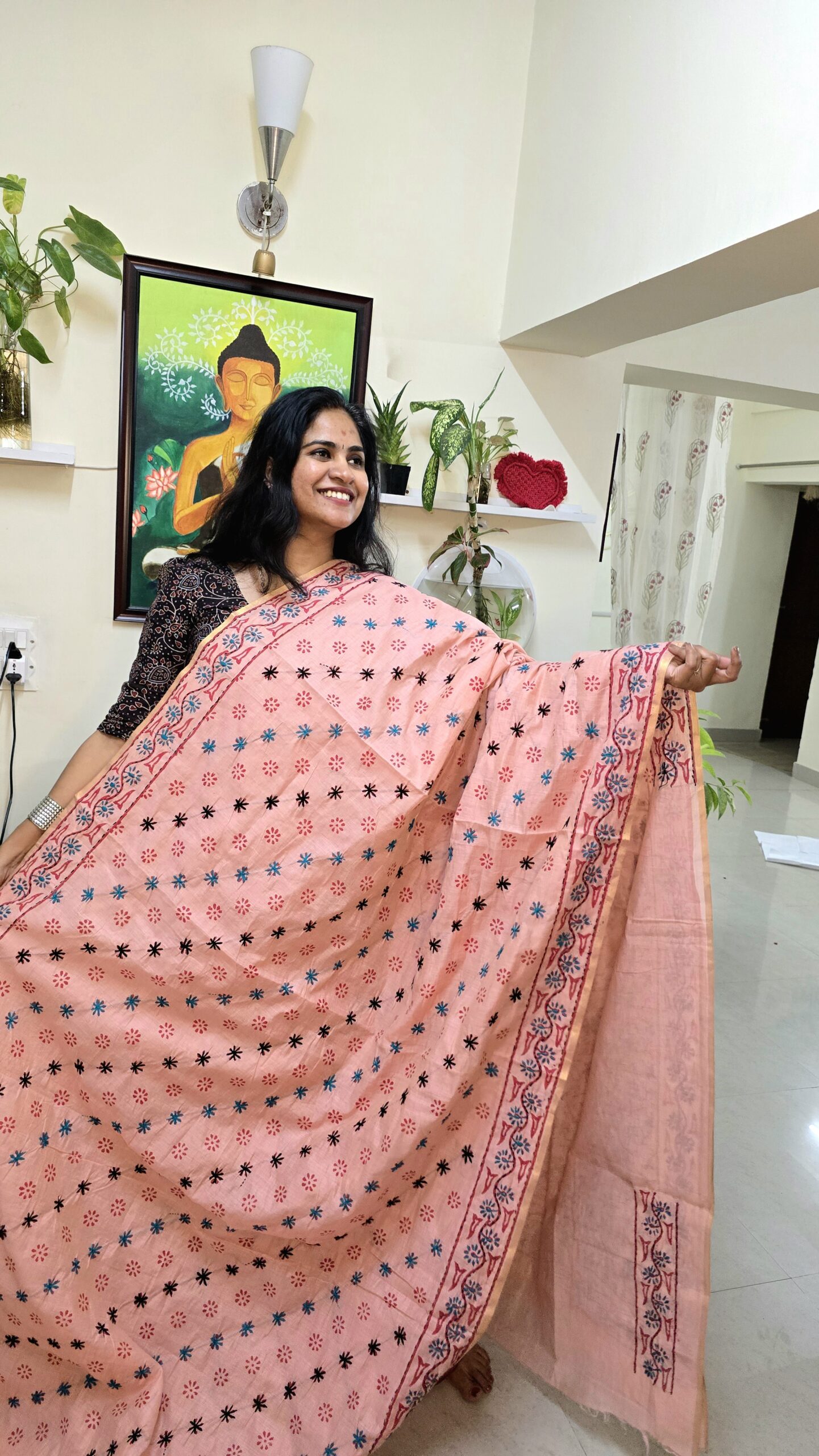 Pink printed Saree with Kanta hand work