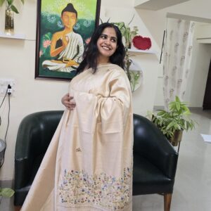 Cream Elegant Hand Embroidered bangalore silk saree