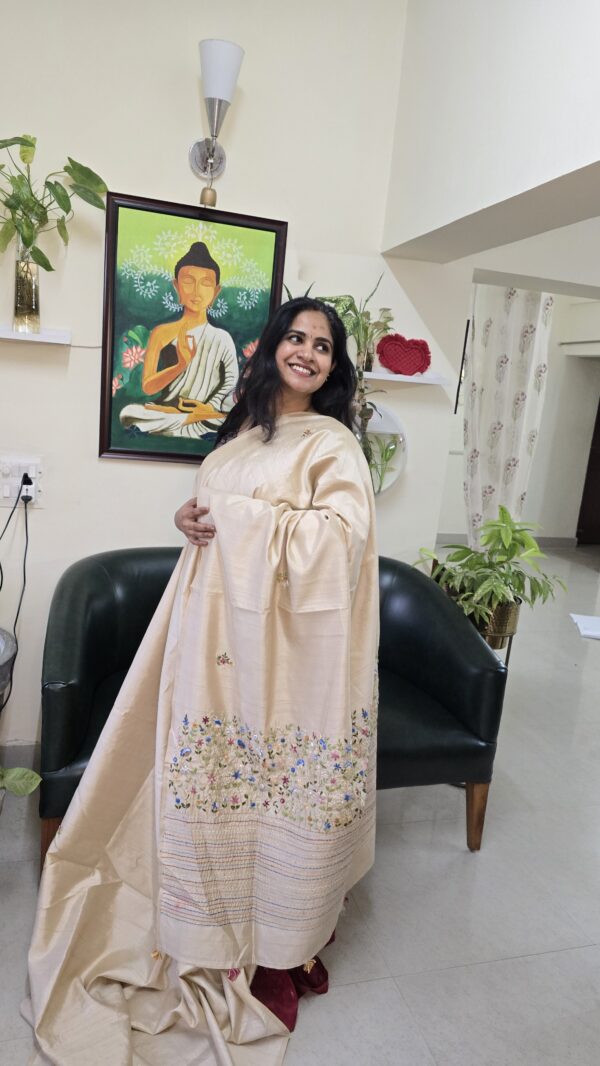 Cream Elegant Hand Embroidered bangalore silk saree