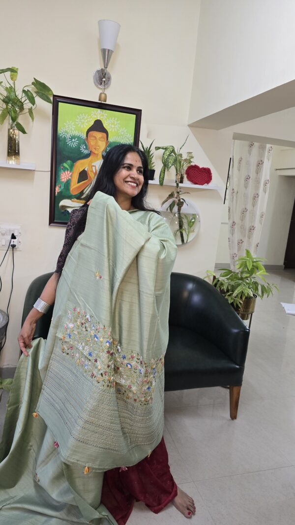 Pastel Green Elegant Hand Embroidered bangalore silk saree ♥️