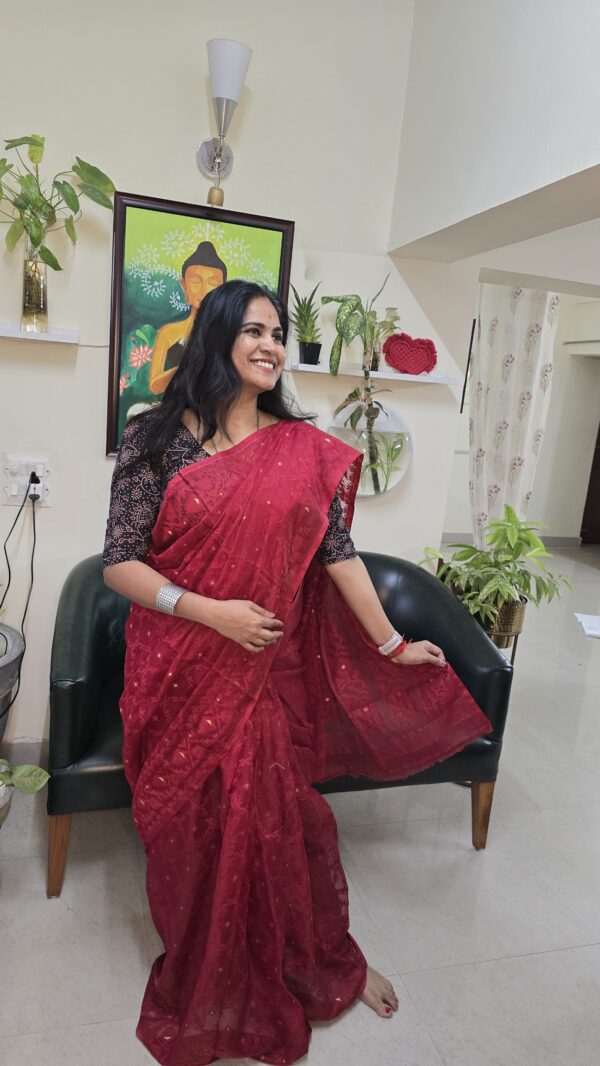 Red soft Dhakai Saree with Zari weaving