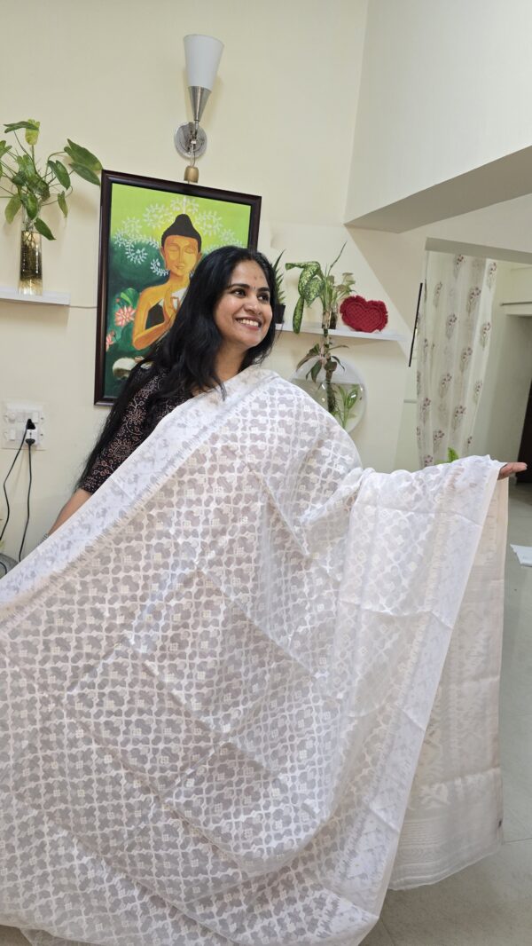 White soft Dhakai Saree with Zari weaving