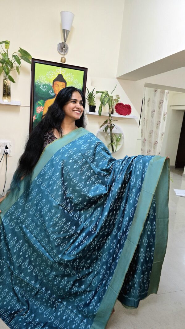 Teal Blue Ikkat Silk cotton Saree