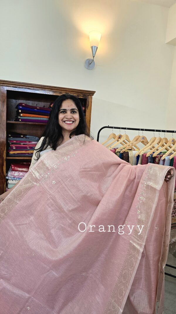 Pastel Pink Elegant Embroidered linen cotton saree
