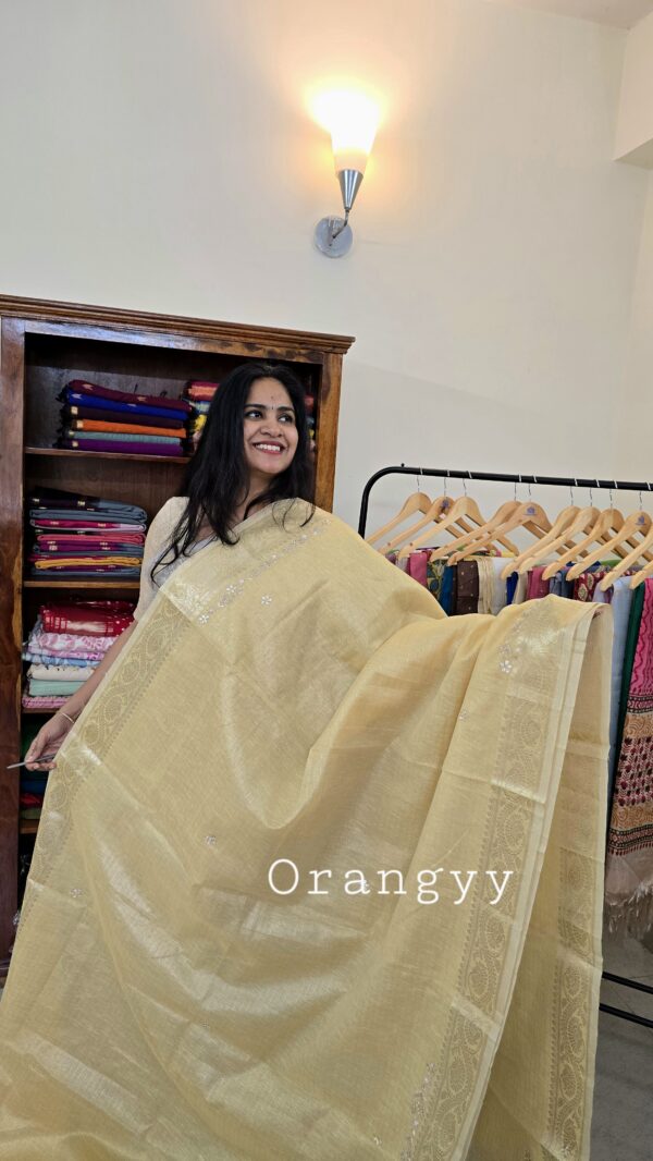 Pastel Yellow Elegant Embroidered linen cotton saree ♥️