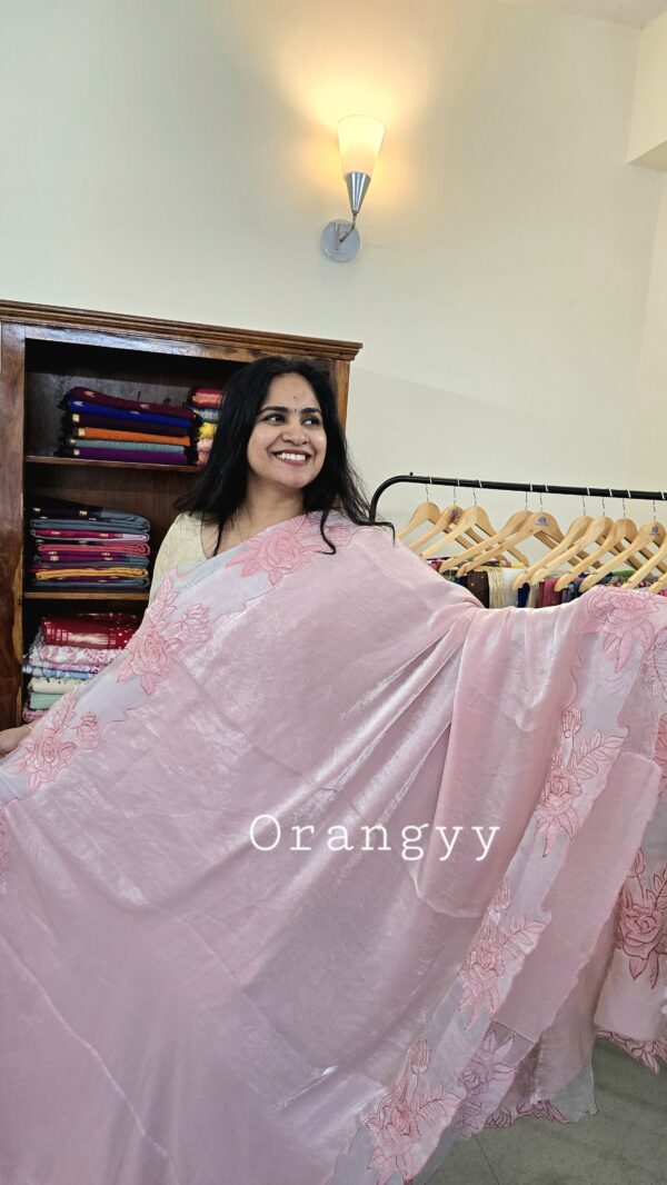 Pastel Baby Pink Crepe tissue saree with embroidery ♥️