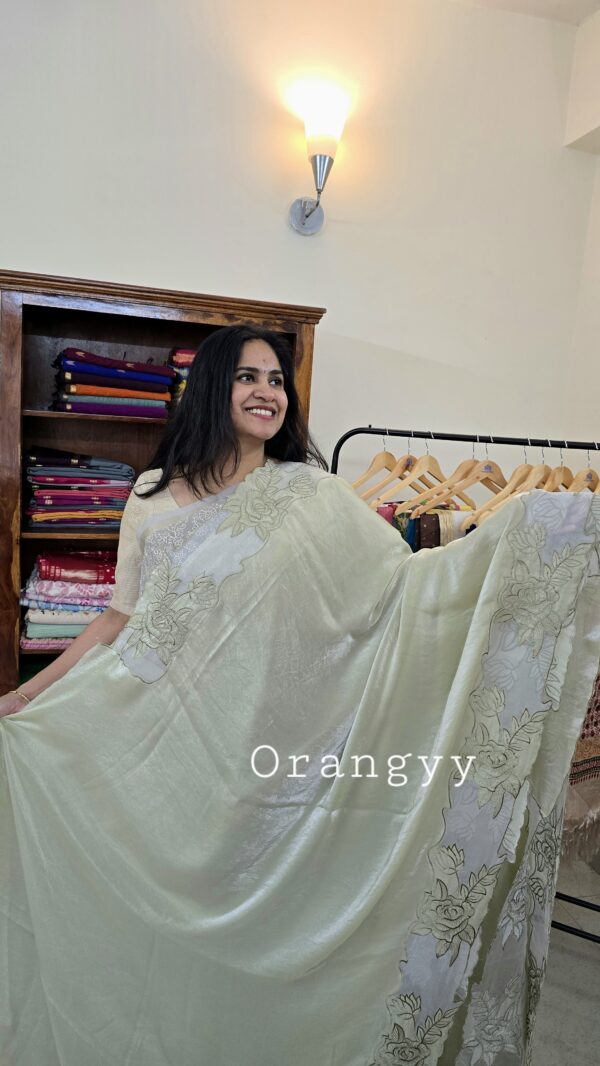 Pastel Olive Green Crepe tissue saree with embroidery