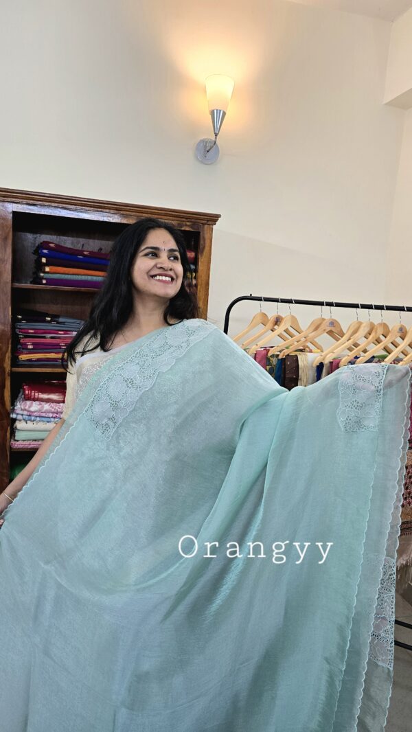 Pastel Blue Glass tissue saree with cutwork detailing