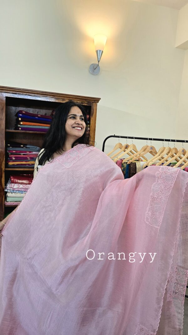 Pastel Pink Glass tissue saree with cutwork detailing