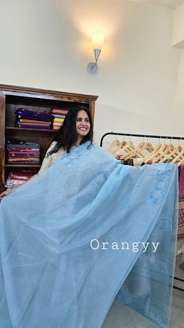 Blue Glass tissue saree with cutwork detailing