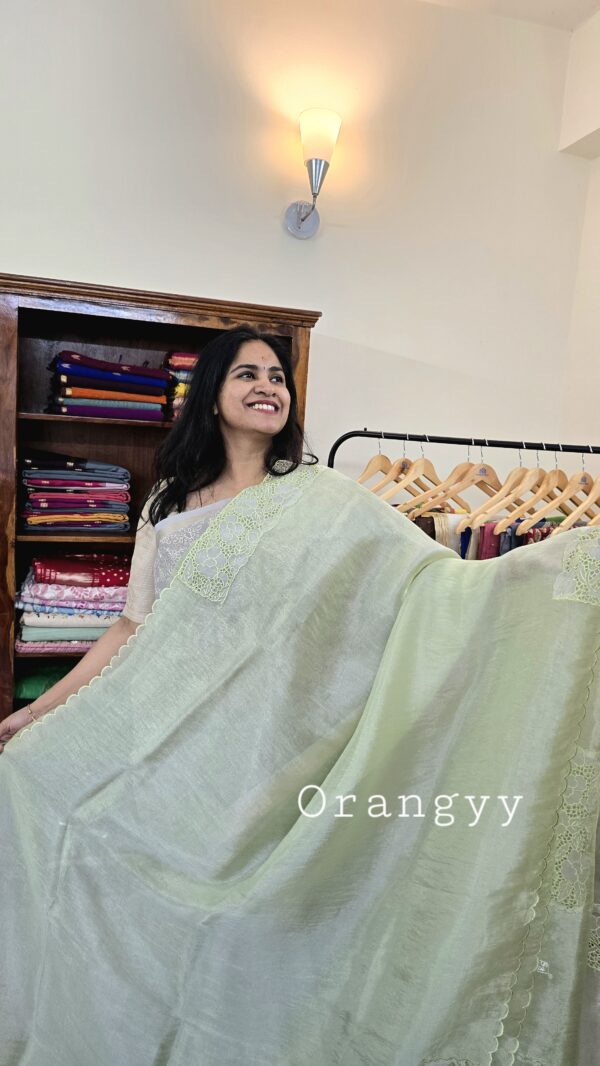 Pastel green Glass tissue saree with cutwork detailing